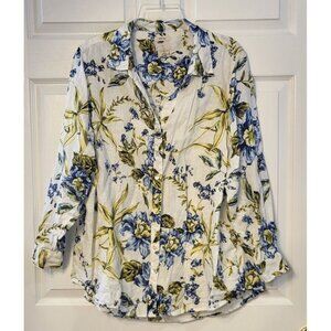 Anthro Joie Floral Button Front Collared Roll Tab Sleeve Linen Blouse Size 1X